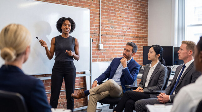 Confident African American businesswoman leads strategic presentation to diverse colleagues in modern office.