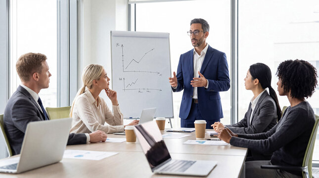 Businessman presenting financial data with a graph on a flipchart to diverse team in modern office, photograph.