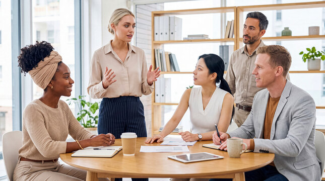 Experienced diverse business team collaborating actively during a productive strategy meeting in a light-filled.