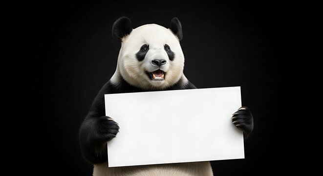 A cheerful giant panda holds a blank white sign in front of a dark background, looking directly at the viewer.