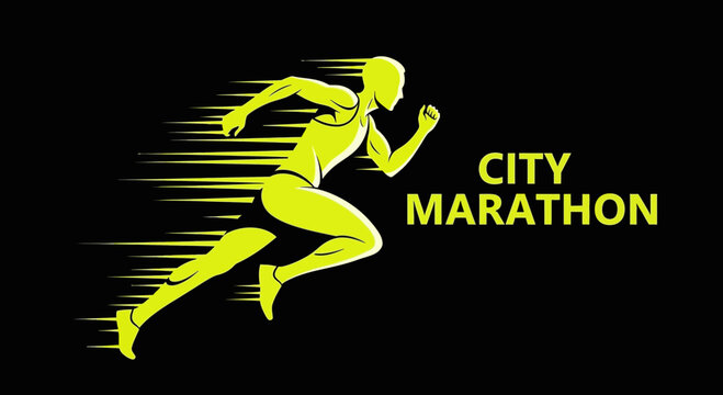Dynamic Illustration of a Marathon Runner with High Speed and City Marathon Text