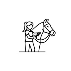 Young woman grooming horse with brush in minimalist line art 