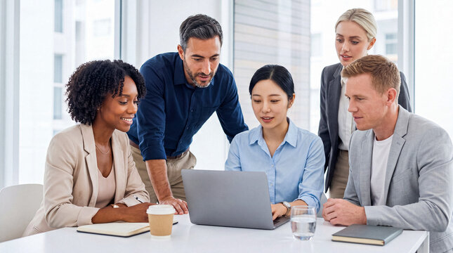 Diverse business team collaborating in a modern office, gathered around a laptop, working together on a new project.