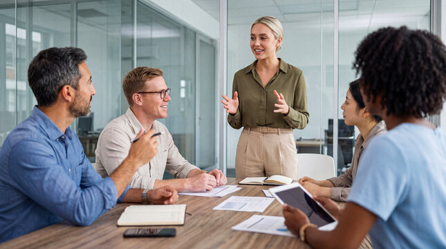 Confident business leader presenting new ideas to a diverse team in a modern office meeting room, engaging discussions.