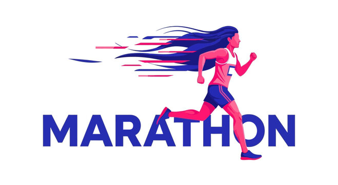Dynamic Illustration of Female Runner Representing Marathon Competition with Blue Text