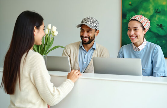 Patient talks with smiling receptionists at clinic desk. Woman registers for appointment with medical staff. Diverse team offers friendly help and support.