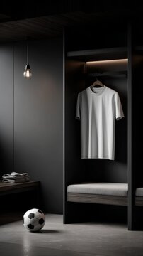 white shirt mockup and soccer ball in modern locker room