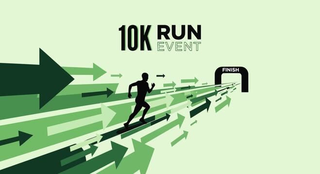Energetic 10K Run Event Design with Runner Silhouette Approaching the Finish Line