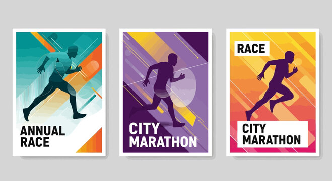 Dynamic Marathon Event Posters Featuring Silhouetted Runners And Abstract Backgrounds