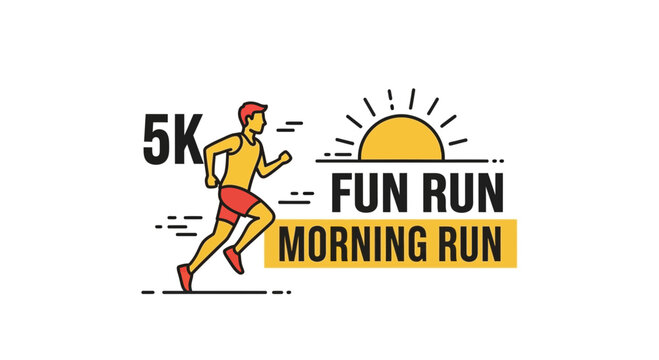 Energetic 5K Fun Run Emblem Depicting Morning Exercise and Sun, Vector Illustration