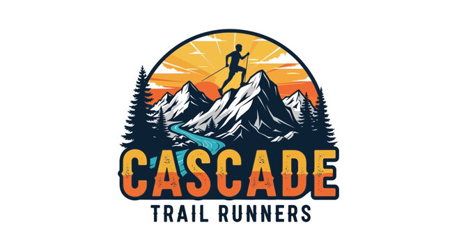 Dynamic Mountain Trail Runner Silhouette Sunset Emblem Logo