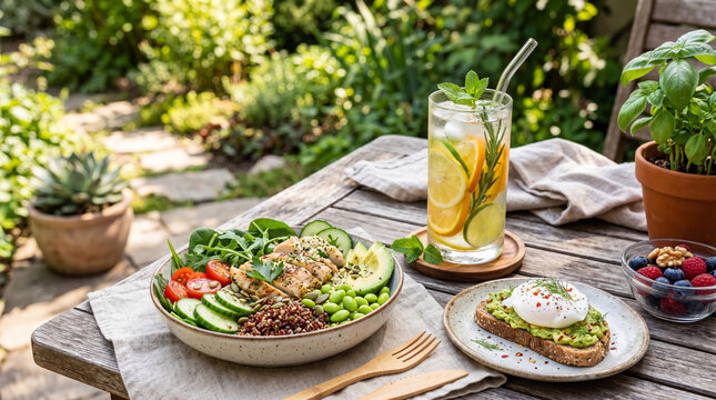 Fresh salad bowl with grilled chicken avocado tomato cucumber quinoa and edamame served with avocado toast poached egg mixed berries and iced herbal drink outdoors
