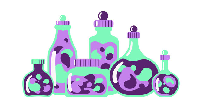 Colorful illustration of various jars filled with vibrant purple and green herbal extracts, set against a clean white background