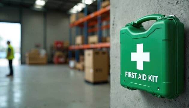 Green first aid kit mounted on concrete wall in industrial warehouse. Worker in safety vest stands near open bay door in background. Supplies ready for emergency.