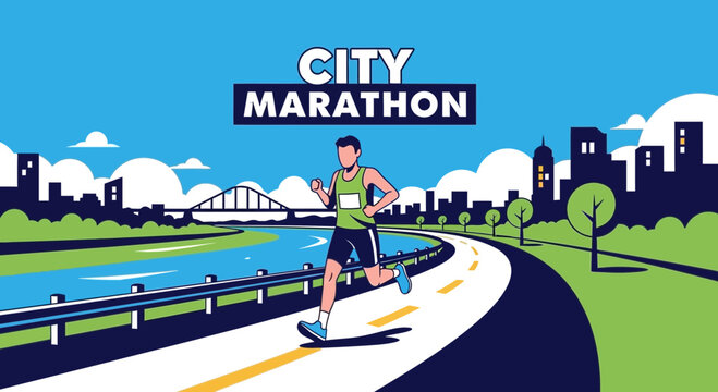 Energetic City Marathon Runner Racing Towards The Beautiful Skyline And Paved Road