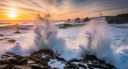 Fototapeta premium Waves crashing against rocks during sunset