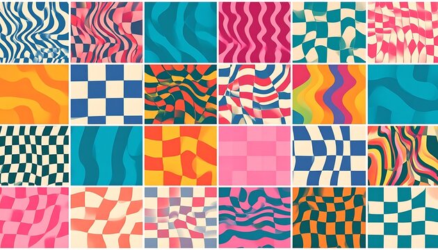 Assorted retro backgrounds; colorful distorted waves and checkered designs in varied hues create a psychedelic collage
