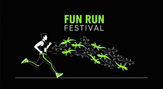 Energetic Athlete Evades Lizard Swarm in Fun Run Festival, A Dynamic Visual Concept
