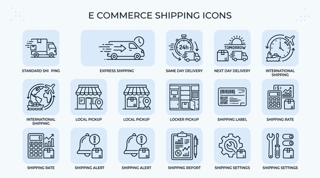 Set of linear e commerce shipping and logistics icons for delivery services.