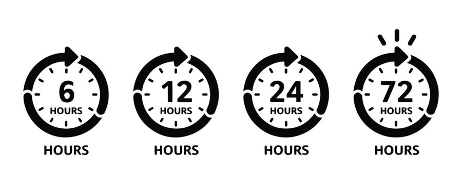 Group of four circular timer icons representing time intervals of 6, 12, 24, and 72 hours with elapsed time indicators.