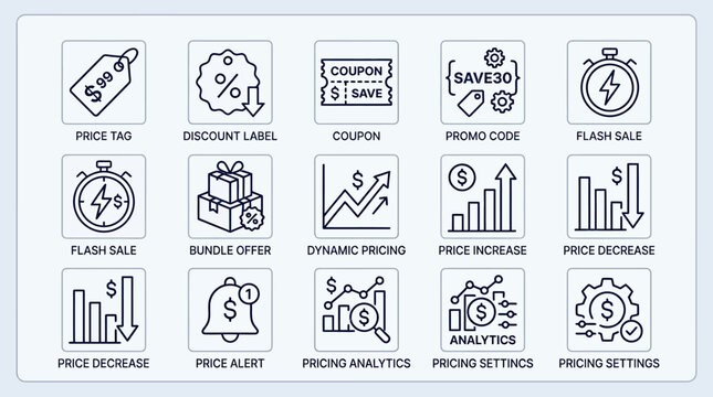 Set of linear icons for pricing strategies discount labels and sales promotions.