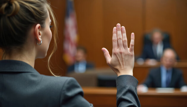 Woman raises hand taking oath in court. Blurred judge and jury listen. Legal proceeding involves witness testimony in courtroom. Serious promise for truth.