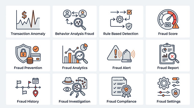 Comprehensive Set of Twelve Fraud Detection and Prevention Security Icons.