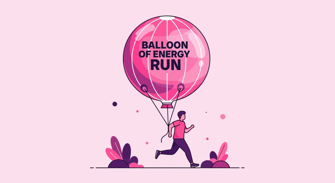 Energetic Runner Attached To Balloon Floating And Exercising With The Words Energy Run