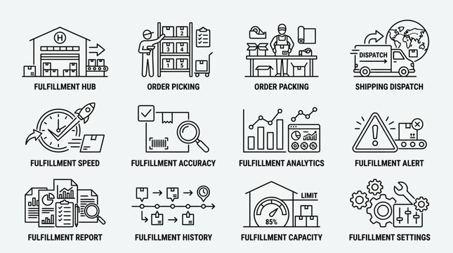 Hand Drawn Vector Icons Set Representing Order Fulfillment and Logistics Management Processes.