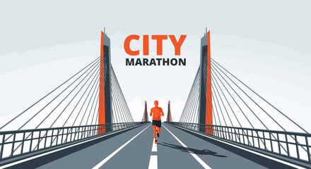 Obraz premium Energetic Athlete Races In City Marathon Event Across Modern Bridge Structure
