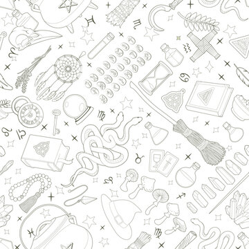 Magic seamless background. Alchemy item pattern. Occult, Wicca and Shamanism. 