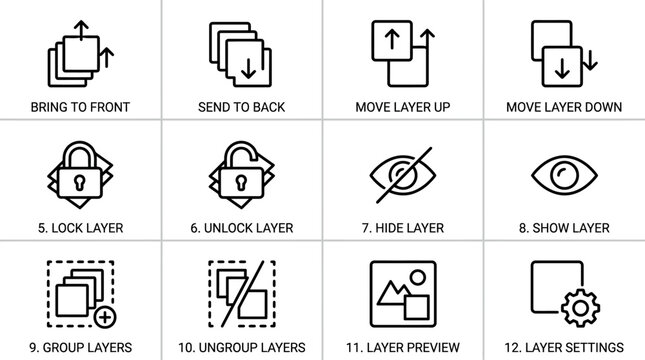 Layer Management Icons for Graphic Design Software.