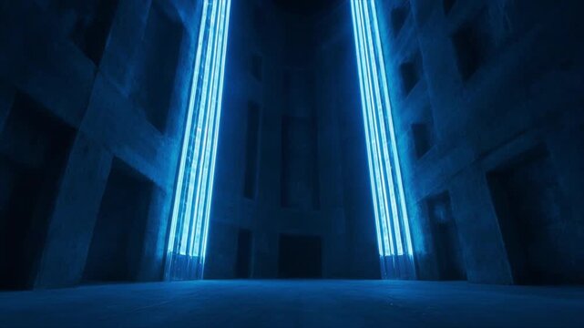 二重スリット実験・巨大光干渉縞・夜の建築空間・ドラマチック科学映像