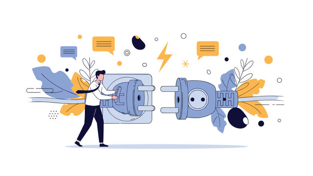 Man in a white shirt and tie works to connect two large electric plugs surrounded by leaves and speech bubbles representing energy and connection.