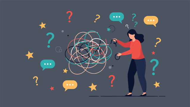 Patient woman in a red shirt works to untangle a large messy knot of colorful lines surrounded by question marks and stars.