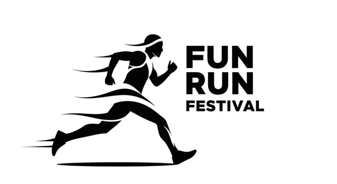 Energetic Fun Run Festival Logo Depicting Dynamic Silhouette Motion in Black And White