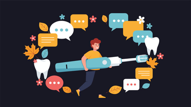 Young boy carries a massive electric toothbrush while running through a circle of dental icons leaves and speech bubbles.
