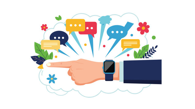Hand wearing a smart watch points toward a cluster of colorful speech bubbles and stars inside a large fluffy cloud.