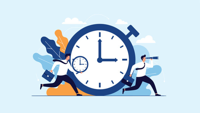 Two professional businessmen run frantically around a huge stopwatch to represent a race against time and deadlines.