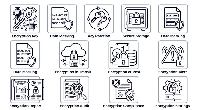 Collection of Data Encryption and Cybersecurity Icon Set in Hand Drawn Sketch Style.