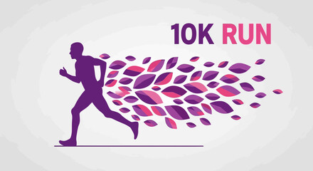 Fototapeta premium Energetic Runner Silhouetted With Ornamental Floral Trail Achieving 10K Goals
