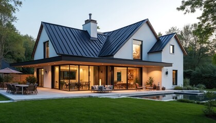 Obraz premium Modern white house with black metal roof and large glass windows. Features patio with outdoor dining furniture, pool, and green lawn. Luxury residential property exterior.