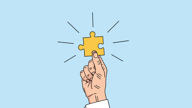 Single hand raises a bright yellow puzzle piece towards the sky to represent finding the final solution or the perfect fit for a task.