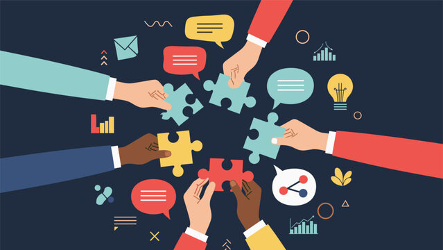 Diverse team of individuals works together to assemble a complex puzzle symbolizing effective collaboration and unity in the workplace.