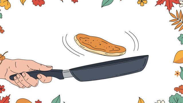 Hand flips a delicious pancake in a frying pan surrounded by a decorative border of colorful autumn leaves on a white background.