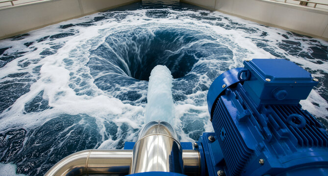 Industrial pump discharging water into a large treatment tank. Swirling vortex and foam illustrate the filtration process. Clean water management concept for environmental engineering.