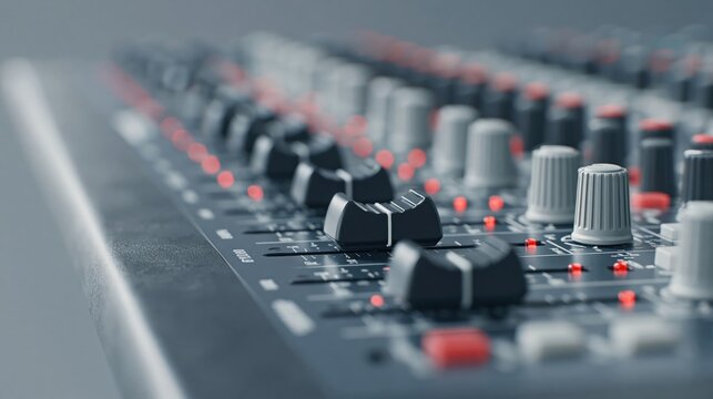 Close-up of a professional audio mixing console with faders and knobs