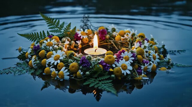 Traditional Slavic Kupala Night Floral Wreath with Burning Candle Floating on Calm Dark River Water During Summer Solstice Celebration
