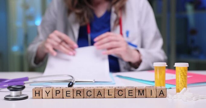 Word Hypercalcemia on wooden cubes near drugs and stethoscope put on desk. Female doctor works with medical records at hospital workplace