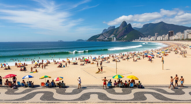 Busy beach scene with colorful umbrellas under blue sky